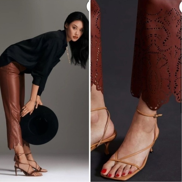NWOT Anthropologie Laser-Cut Faux Leather Trousers Brown Size 14 Fall Autumn - Picture 3 of 17